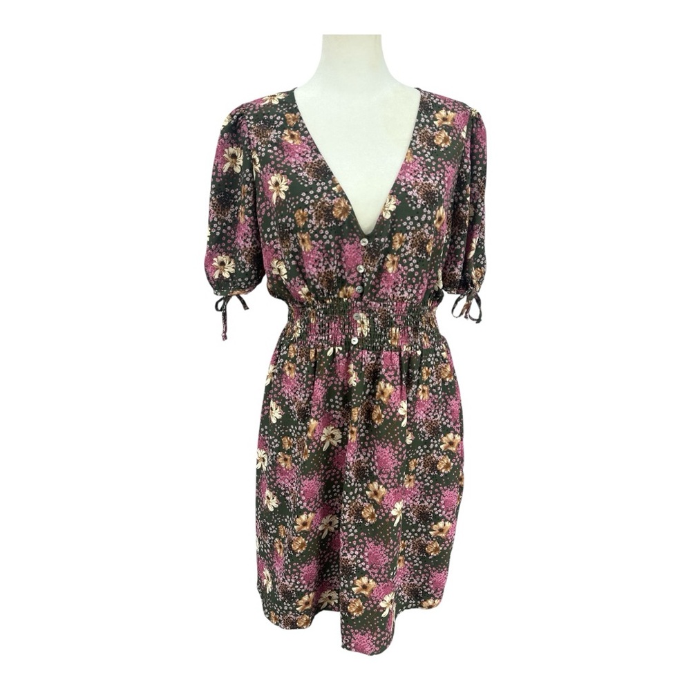 LOLA GRACE Floral Empire Waist V-Neck Puff Tied Sleeve Dress LARGE Purple/Gray